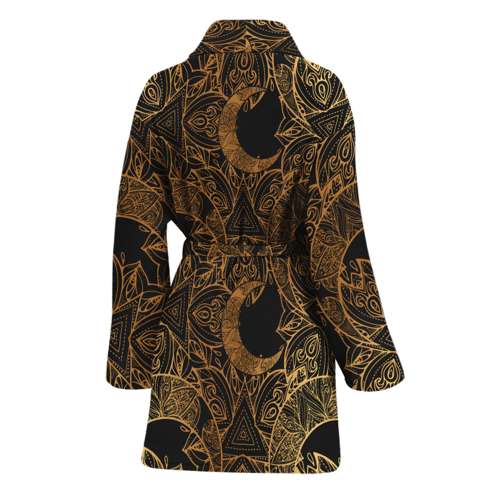 Black And Gold Celestial Pattern Print Women's Bathrobe