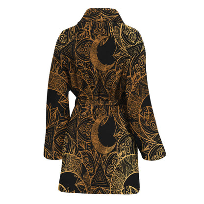 Black And Gold Celestial Pattern Print Women's Bathrobe