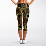 Black And Gold Celestial Pattern Print Women's Capri Leggings