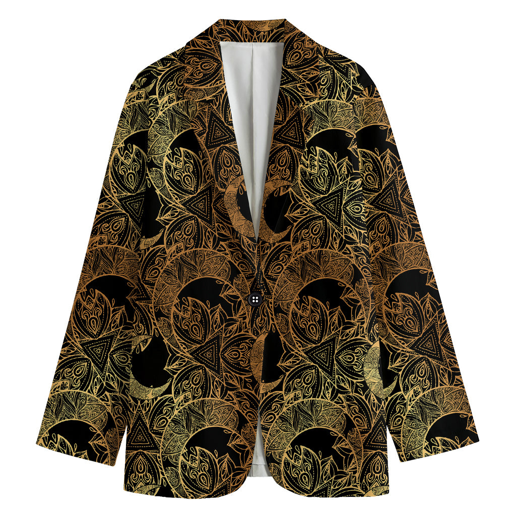 Black And Gold Celestial Pattern Print Women's Cotton Blazer