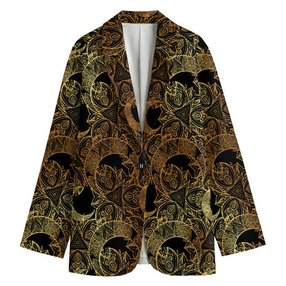 Black And Gold Celestial Pattern Print Women's Cotton Blazer