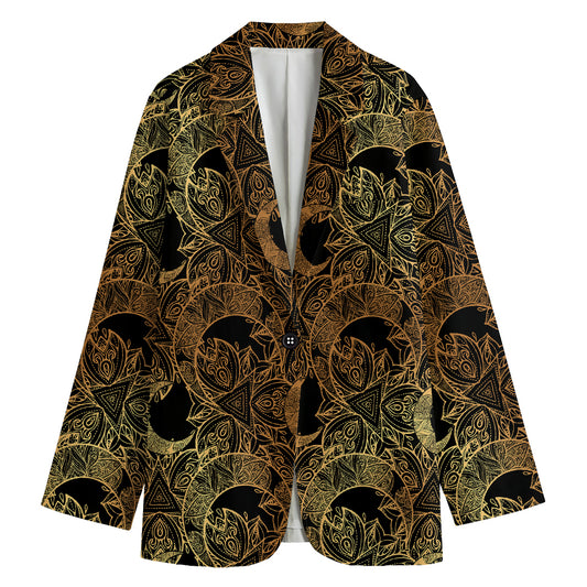 Black And Gold Celestial Pattern Print Women's Cotton Blazer
