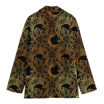 Black And Gold Celestial Pattern Print Women's Cotton Blazer