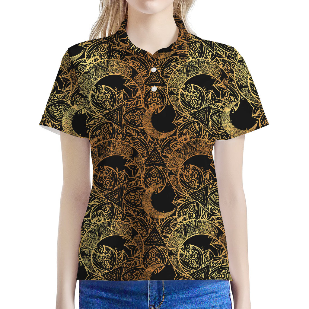 Black And Gold Celestial Pattern Print Women's Polo Shirt