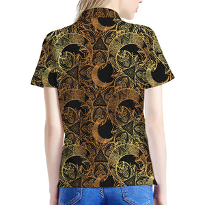 Black And Gold Celestial Pattern Print Women's Polo Shirt