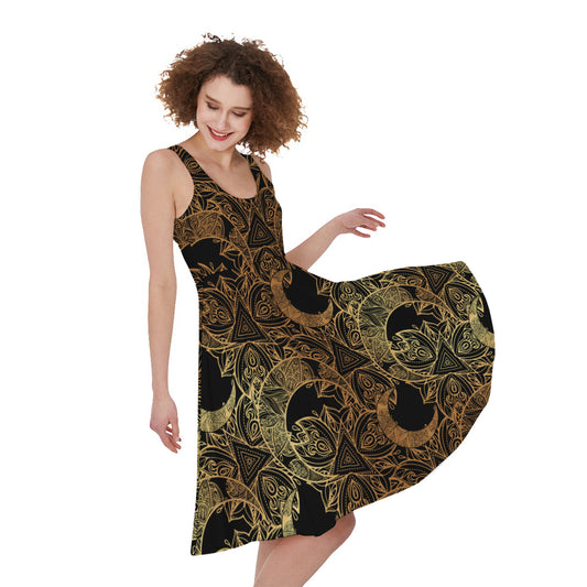 Black And Gold Celestial Pattern Print Women's Sleeveless Dress