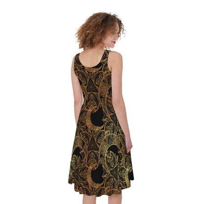 Black And Gold Celestial Pattern Print Women's Sleeveless Dress