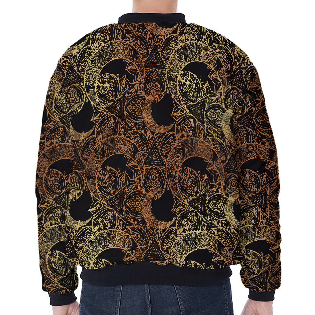 Black And Gold Celestial Pattern Print Zip Sleeve Bomber Jacket