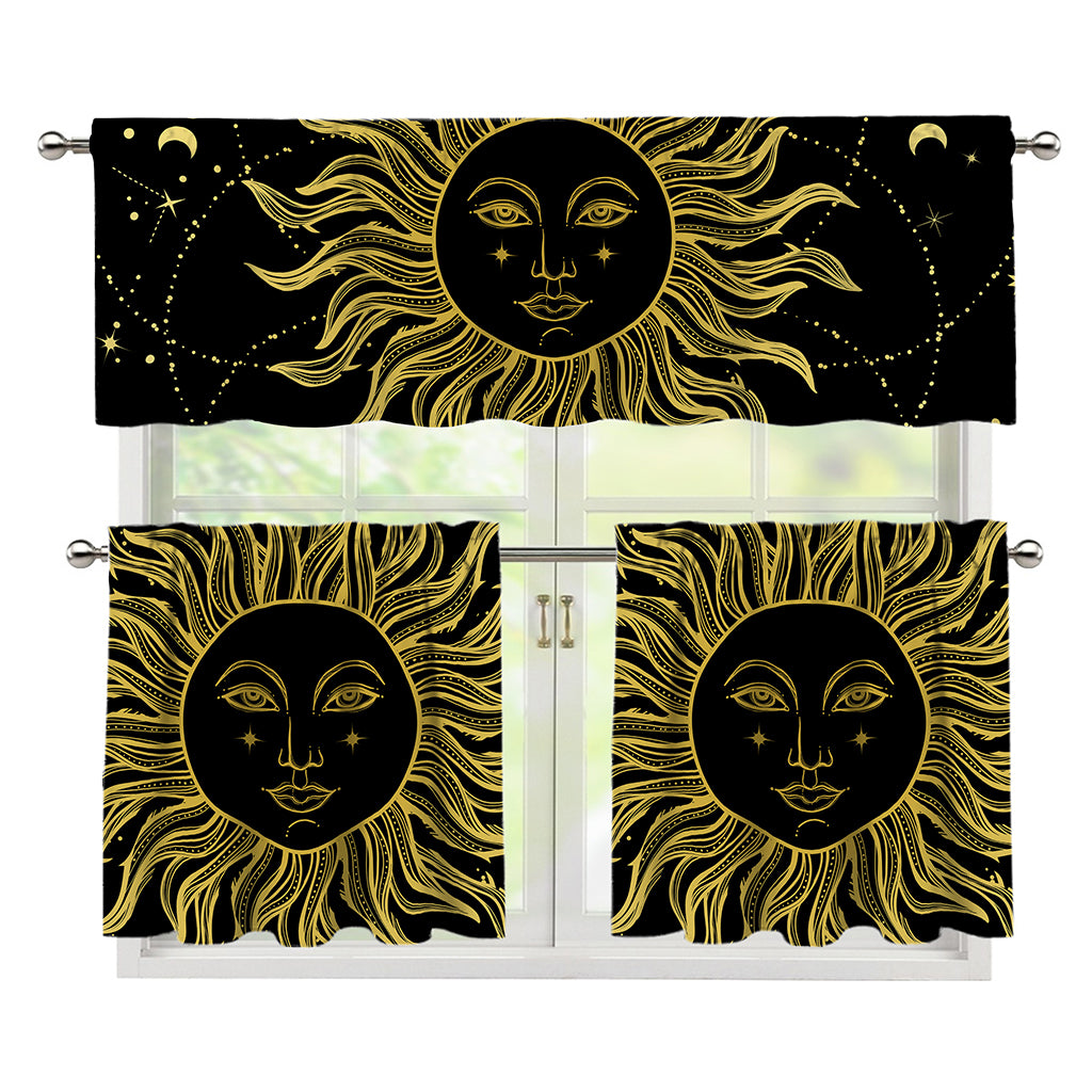 Black And Gold Celestial Sun Print 3 Piece Kitchen Curtains