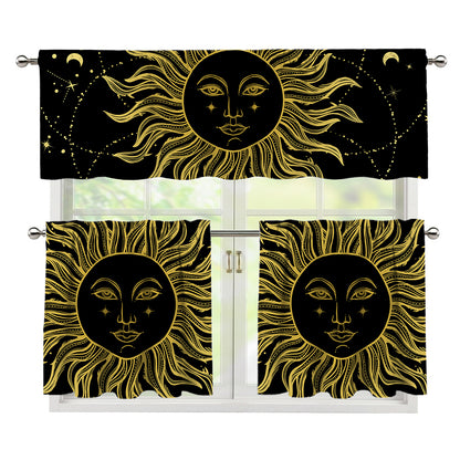 Black And Gold Celestial Sun Print 3 Piece Kitchen Curtains