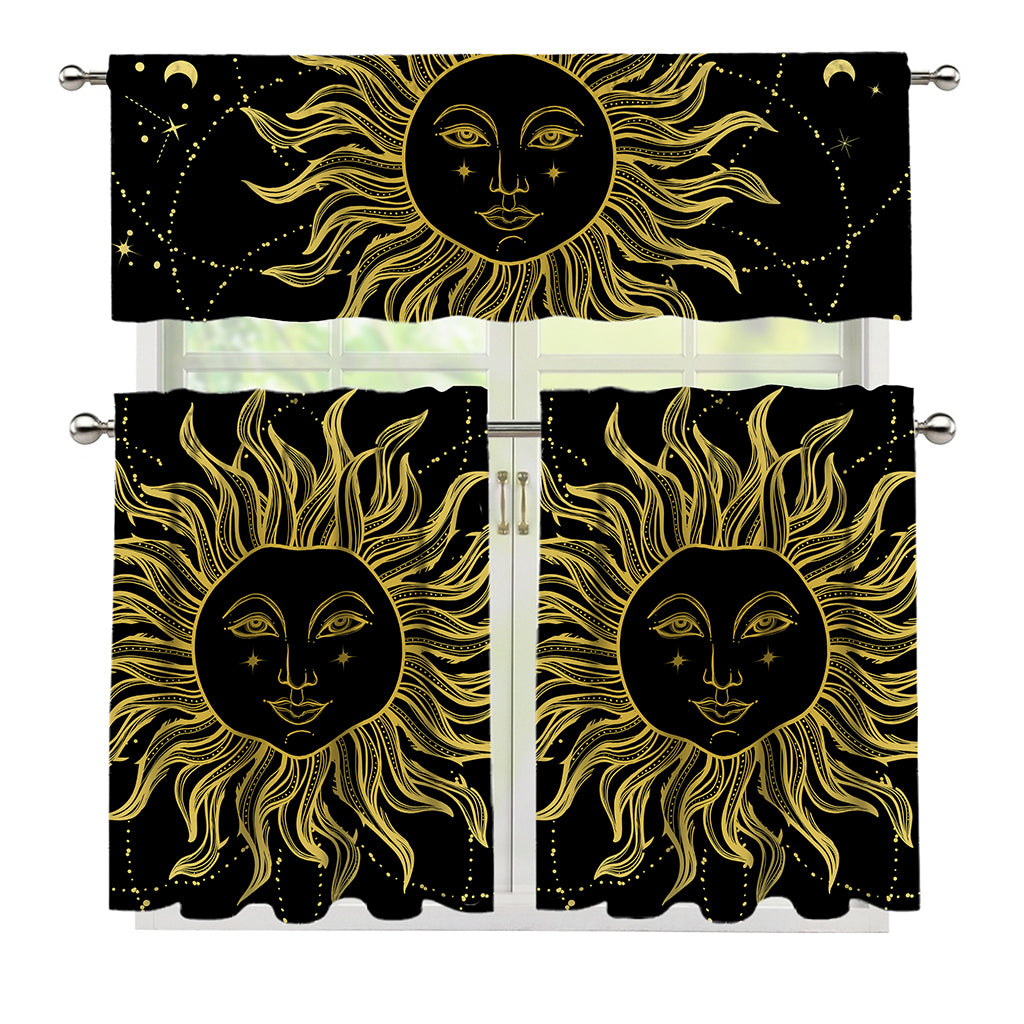 Black And Gold Celestial Sun Print 3 Piece Kitchen Curtains