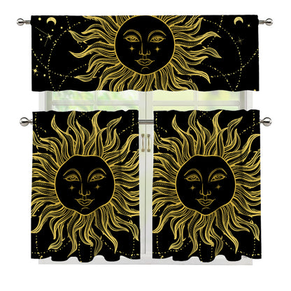 Black And Gold Celestial Sun Print 3 Piece Kitchen Curtains