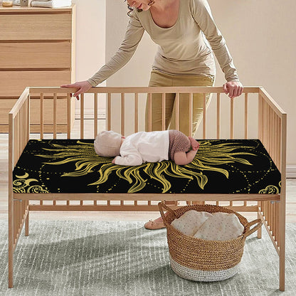 Black And Gold Celestial Sun Print Baby Crib Sheet
