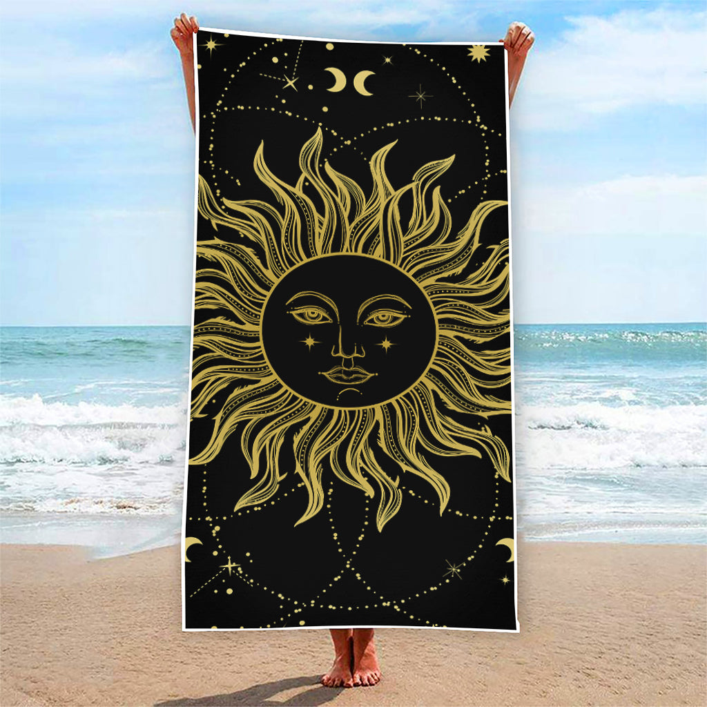 Black And Gold Celestial Sun Print Beach Towel