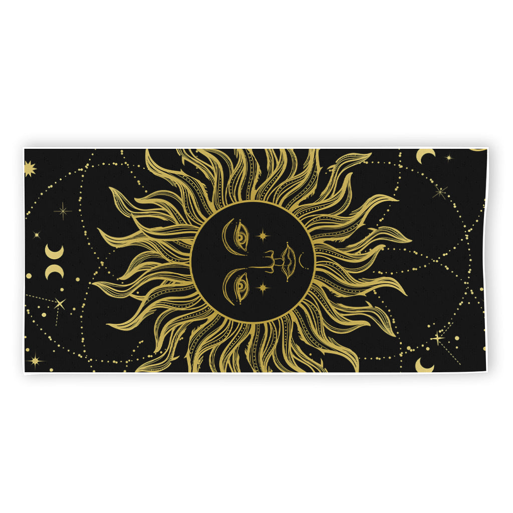 Black And Gold Celestial Sun Print Beach Towel