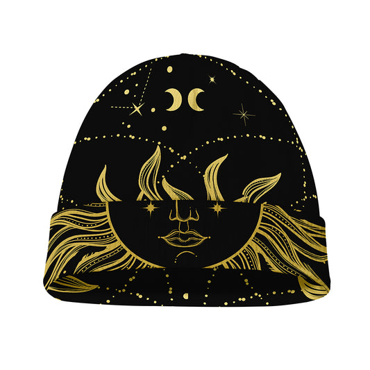 Black And Gold Celestial Sun Print Beanie