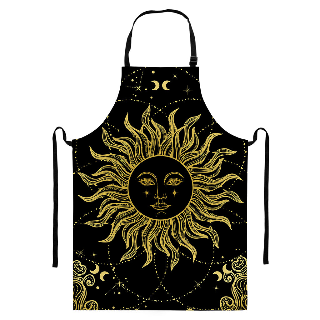 Black And Gold Celestial Sun Print Bib Apron With Pocket