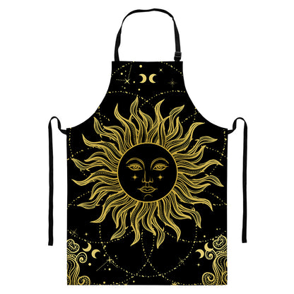 Black And Gold Celestial Sun Print Bib Apron With Pocket