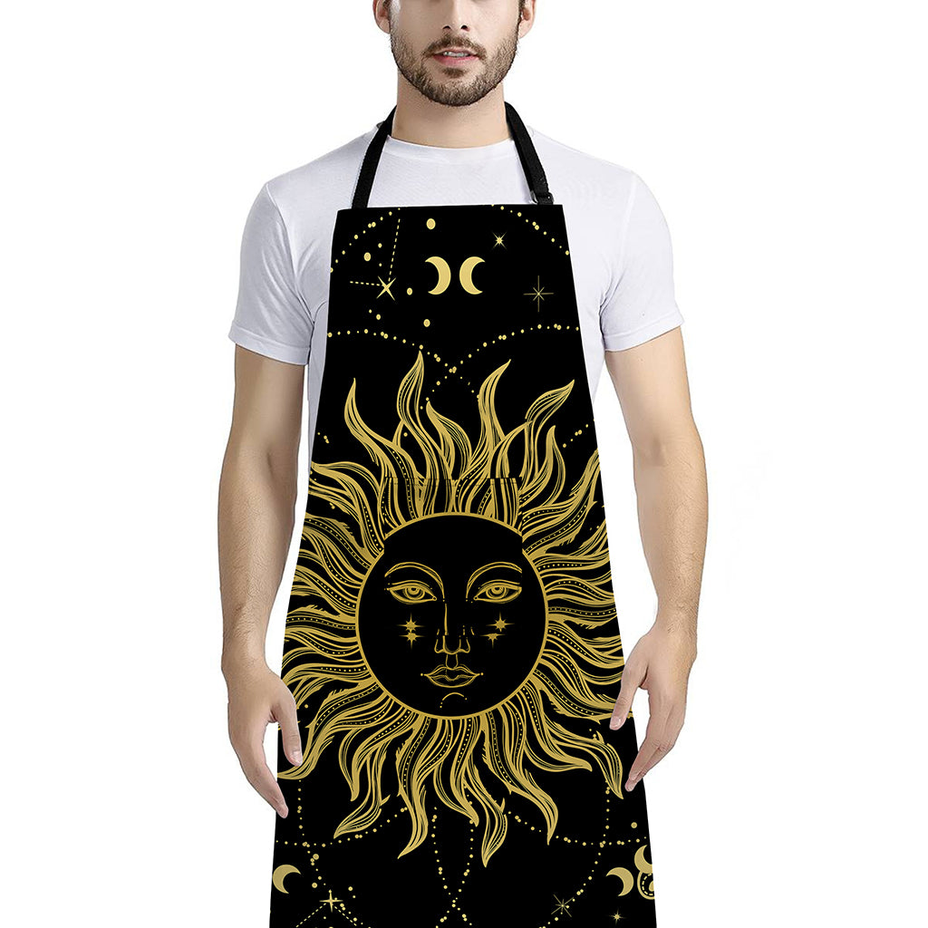 Black And Gold Celestial Sun Print Bib Apron With Pocket