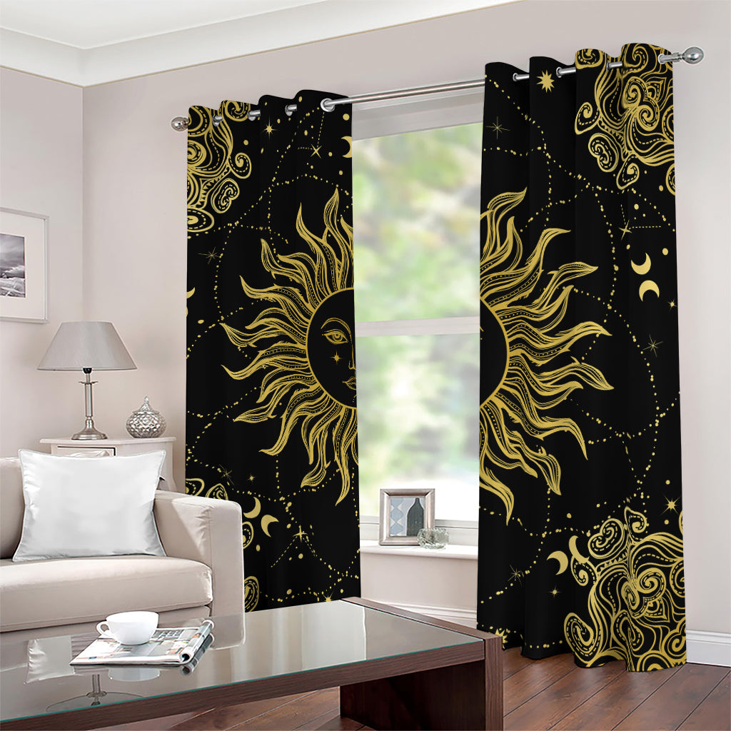Black And Gold Celestial Sun Print Blackout Grommet Curtains