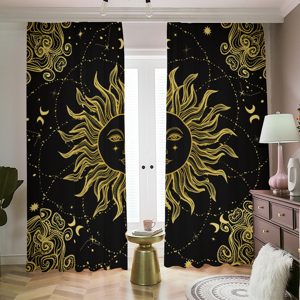 Black And Gold Celestial Sun Print Blackout Pencil Pleat Curtains