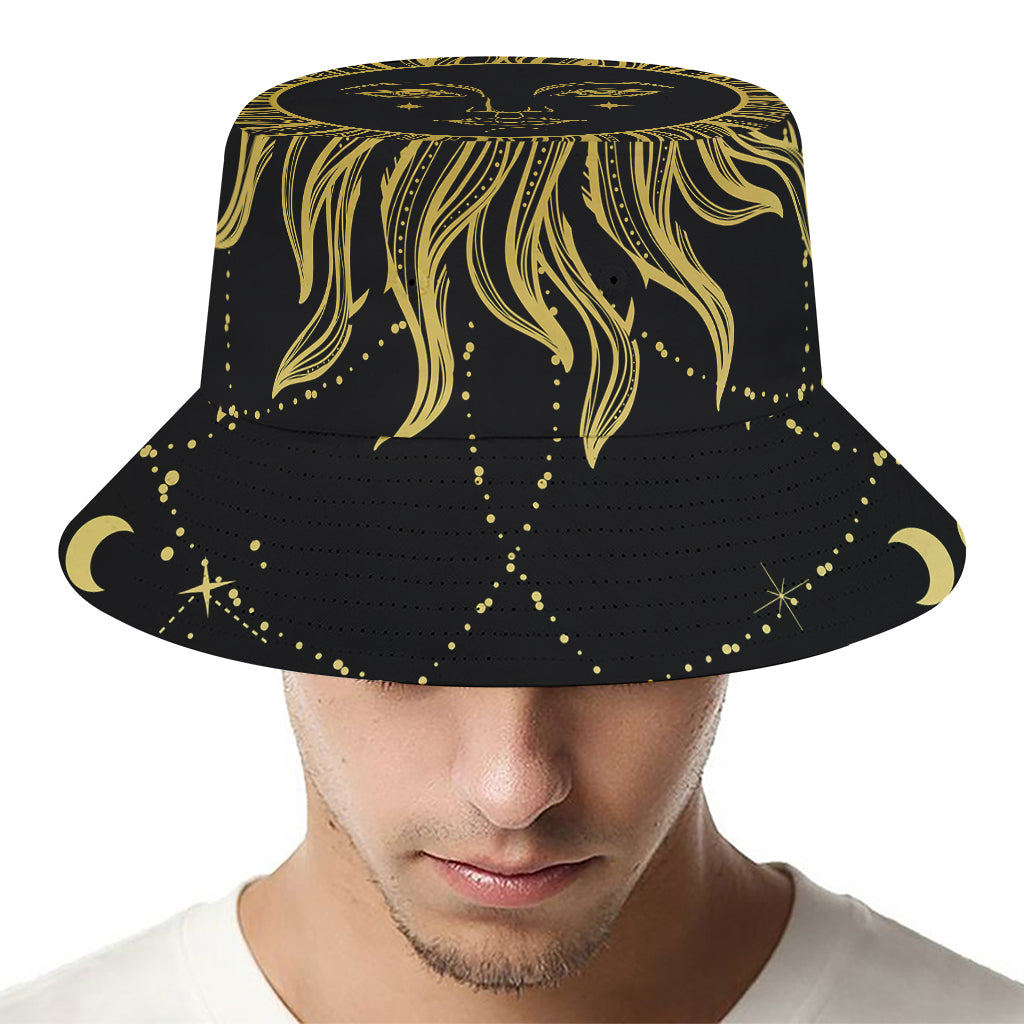 Black And Gold Celestial Sun Print Bucket Hat