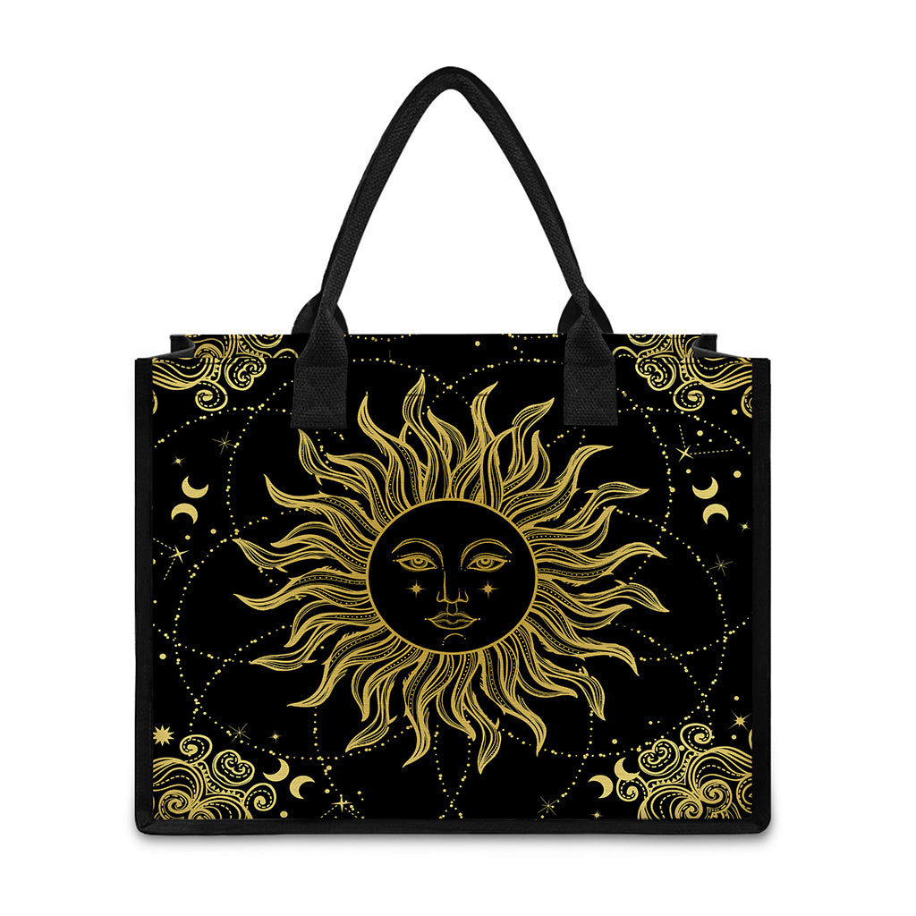Black And Gold Celestial Sun Print Canvas Tote Bag