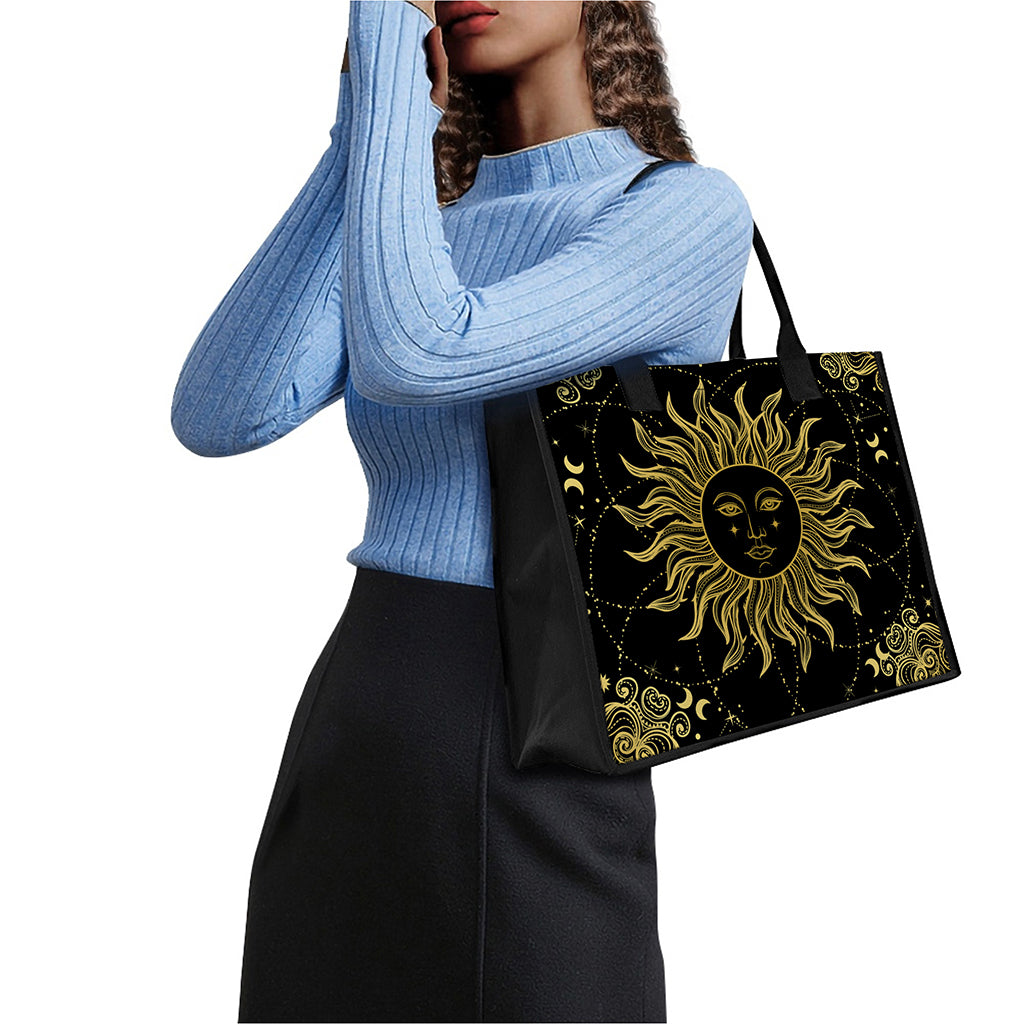Black And Gold Celestial Sun Print Canvas Tote Bag