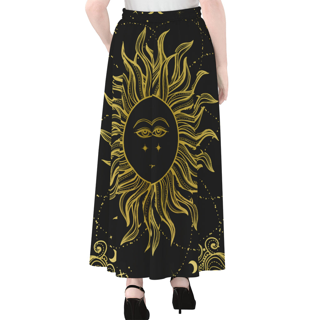 Black And Gold Celestial Sun Print Chiffon Maxi Skirt