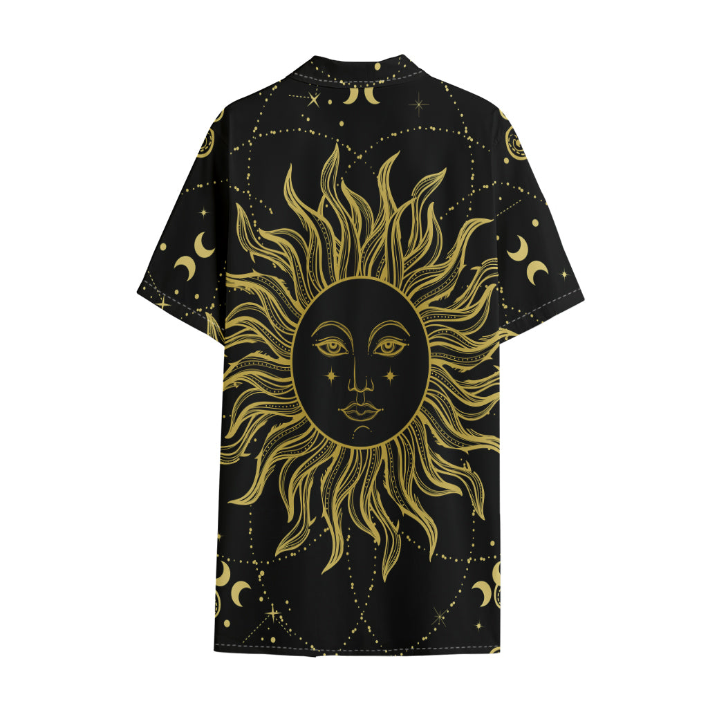 Black And Gold Celestial Sun Print Cotton Hawaiian Shirt