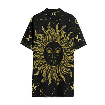 Black And Gold Celestial Sun Print Cotton Hawaiian Shirt