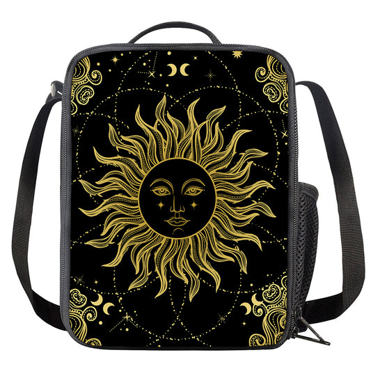 Black And Gold Celestial Sun Print Crossbody Lunch Bag