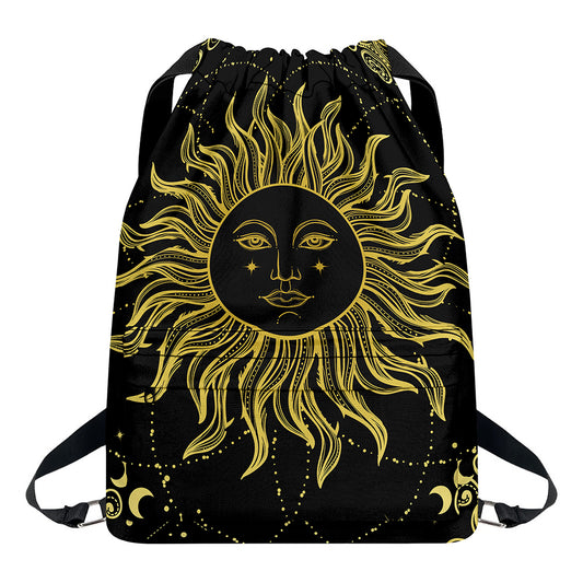 Black And Gold Celestial Sun Print Drawstring Backpack