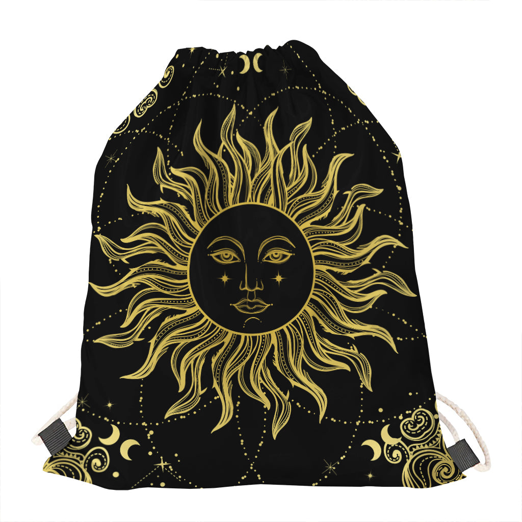 Black And Gold Celestial Sun Print Drawstring Bag