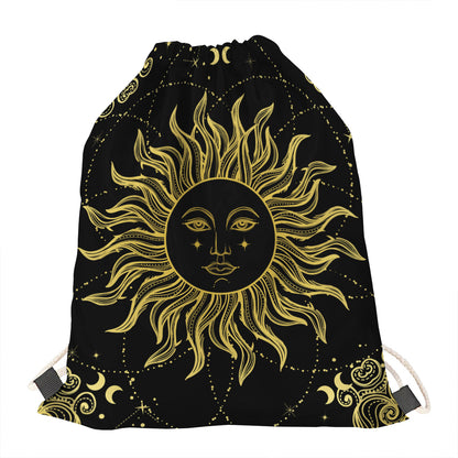 Black And Gold Celestial Sun Print Drawstring Bag