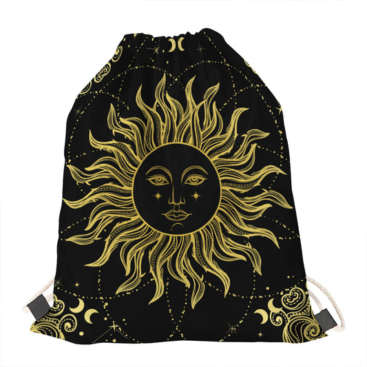 Black And Gold Celestial Sun Print Drawstring Bag