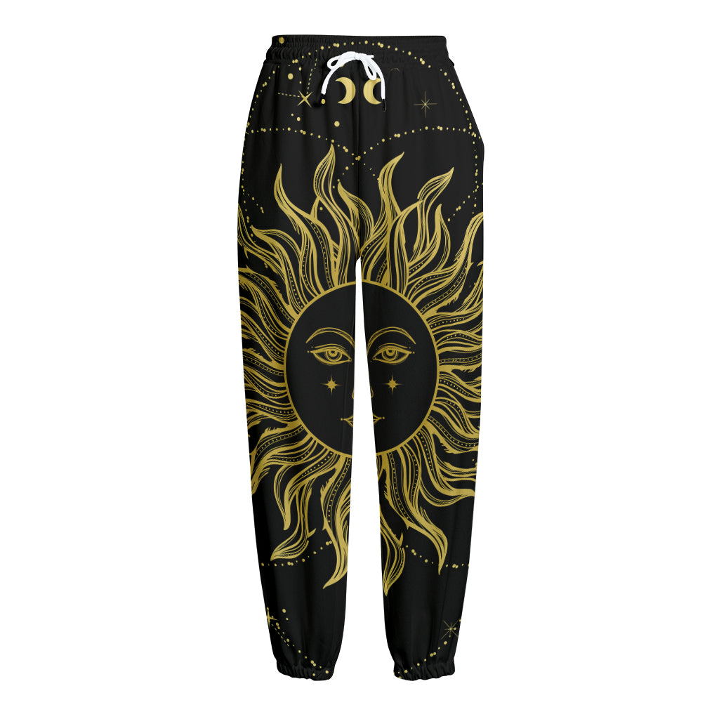 Black And Gold Celestial Sun Print Fleece Lined Knit Pants