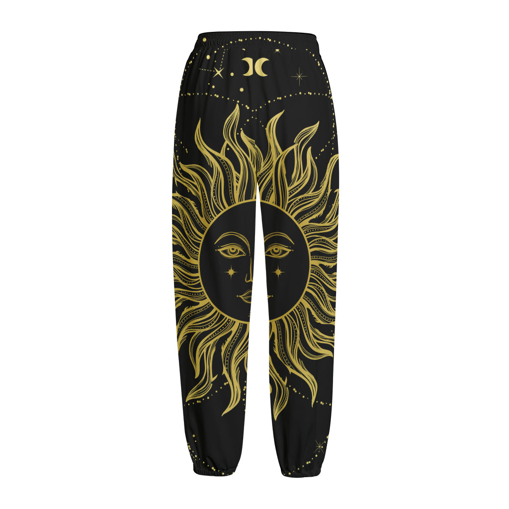 Black And Gold Celestial Sun Print Fleece Lined Knit Pants