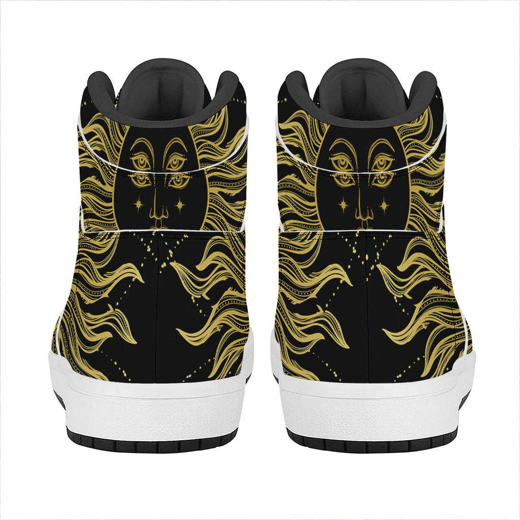 Black And Gold Celestial Sun Print High Top Leather Sneakers