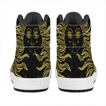 Black And Gold Celestial Sun Print High Top Leather Sneakers
