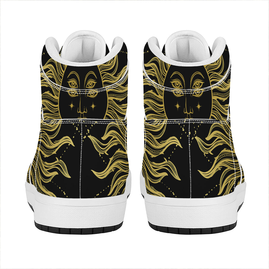 Black And Gold Celestial Sun Print High Top Leather Sneakers