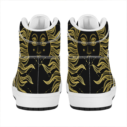 Black And Gold Celestial Sun Print High Top Leather Sneakers