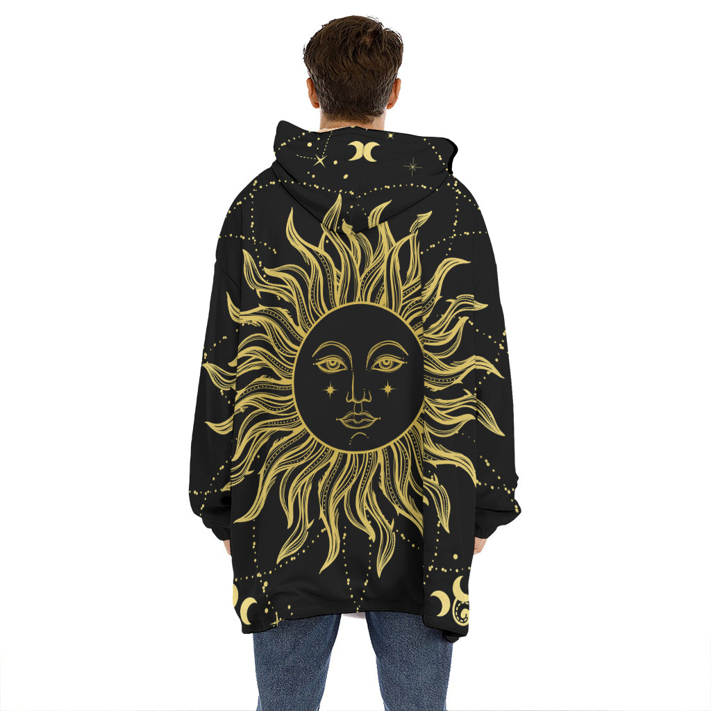 Black And Gold Celestial Sun Print Hoodie Blanket