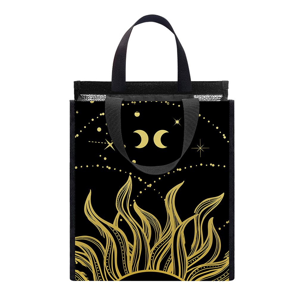 Black And Gold Celestial Sun Print Insulated Lunch Tote