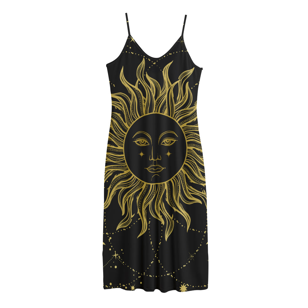 Black And Gold Celestial Sun Print Jersey Midi Cami Dress