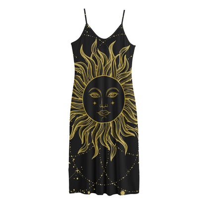 Black And Gold Celestial Sun Print Jersey Midi Cami Dress