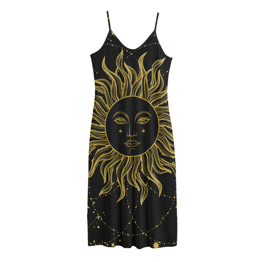 Black And Gold Celestial Sun Print Jersey Midi Cami Dress