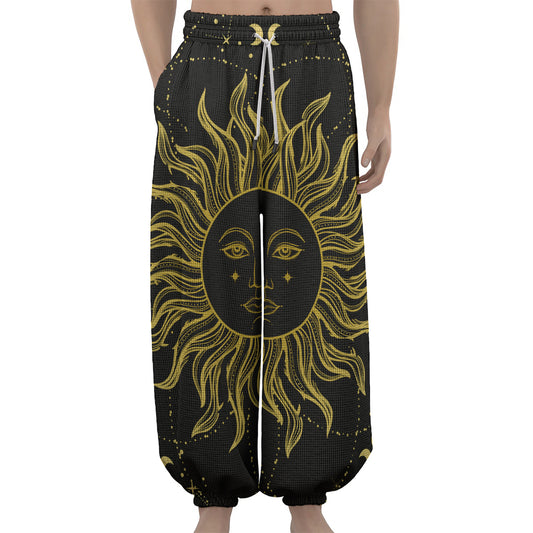 Black And Gold Celestial Sun Print Lantern Pants