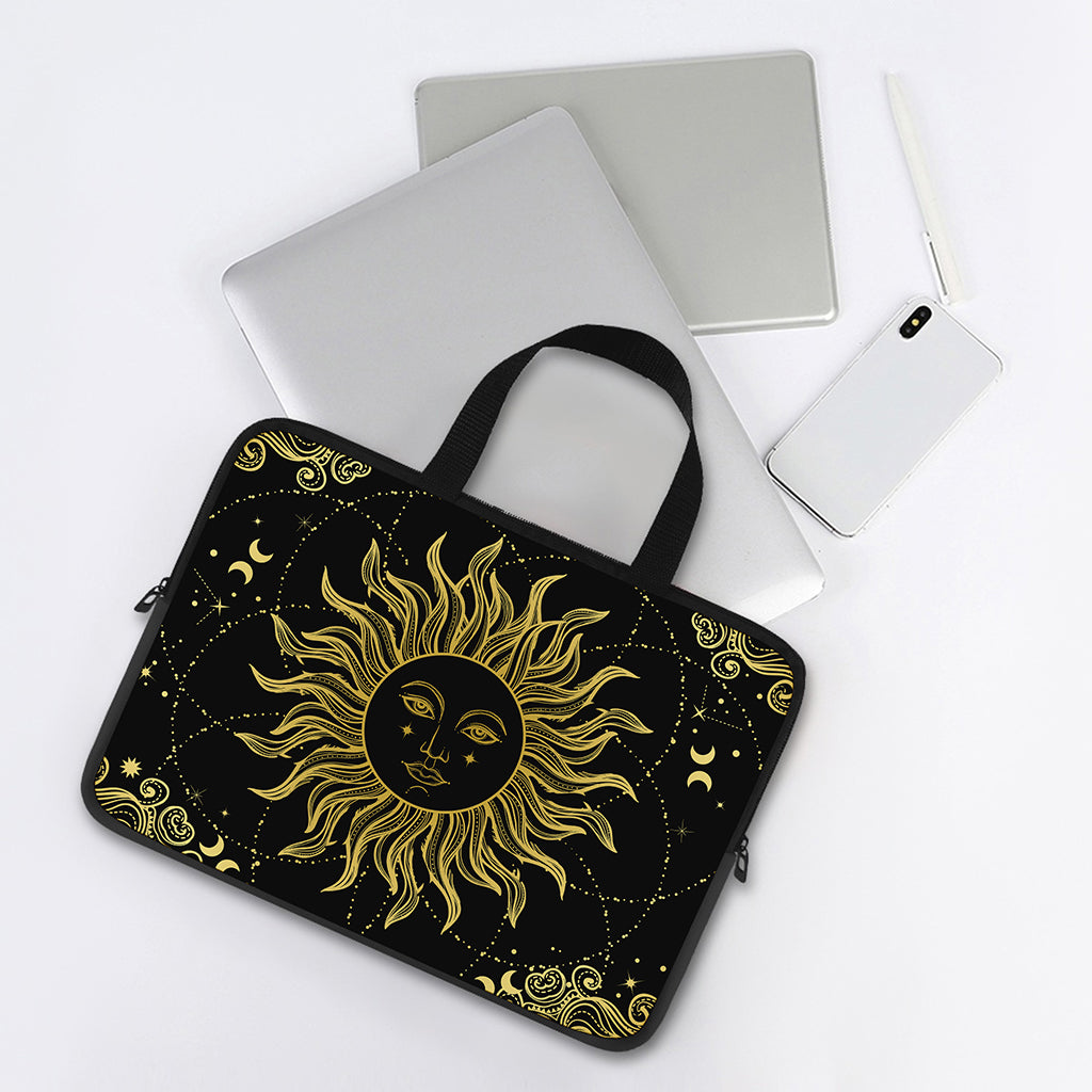Black And Gold Celestial Sun Print Laptop Sleeve With Handle