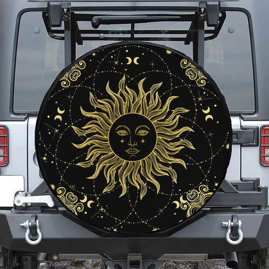 Black And Gold Celestial Sun Print Leather Spare Tire Cover